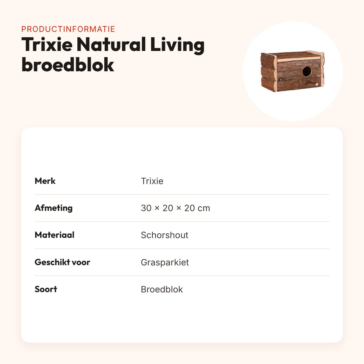 Trixie Natural Living broedblok 30 x 20 x 20 cm – schorshout, grasparkiet – productinformatie