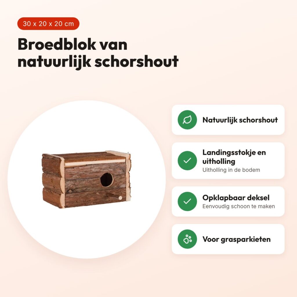Trixie Natural Living broedblok 30 x 20 x 20 cm – schorshout, grasparkiet – voordelen