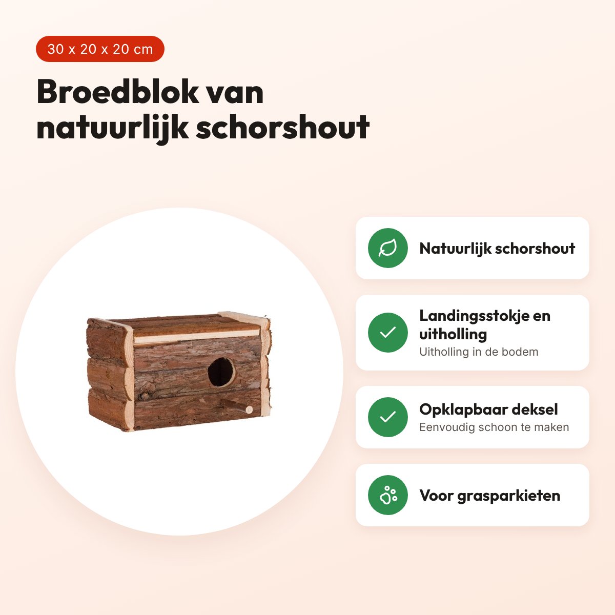 Trixie Natural Living broedblok 30 x 20 x 20 cm – schorshout, grasparkiet – voordelen