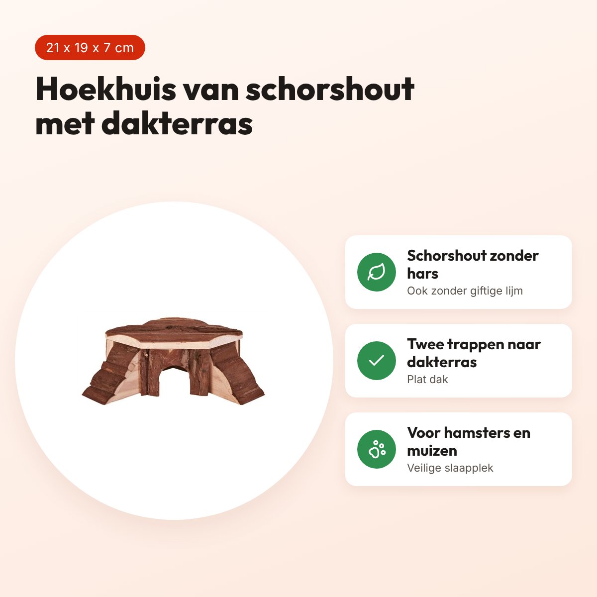 Trixie Natural Living hoekhuis Thordis 21 x 19 x 7 cm – schorshout – voordelen