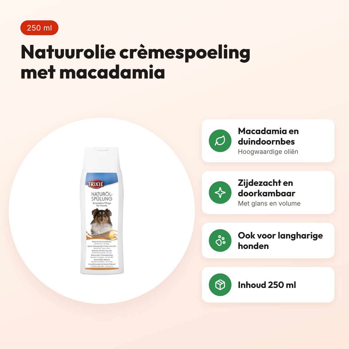Trixie natuurolie crèmespoeling hond 250 ml – macadamia en duindoorn – voordelen