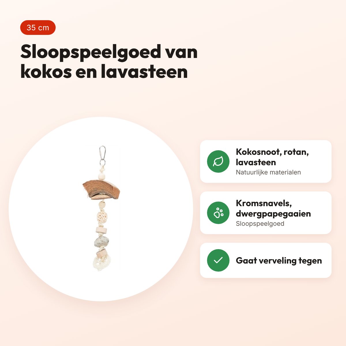 Trixie natuurspeelgoed kokosnoot, rotan en lavasteen 35 cm – voor vogels – voordelen