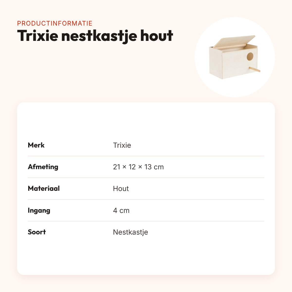 Trixie nestkastje hout 21 x 12 x 13 cm – ingang 4 cm, opklapbaar deksel – productinformatie