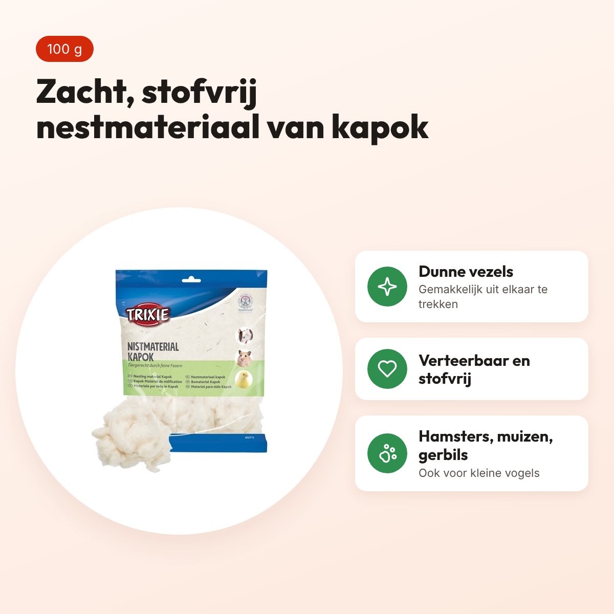 Trixie nestmateriaal kapok 100 g – zacht, verteerbaar en stofvrij – voordelen