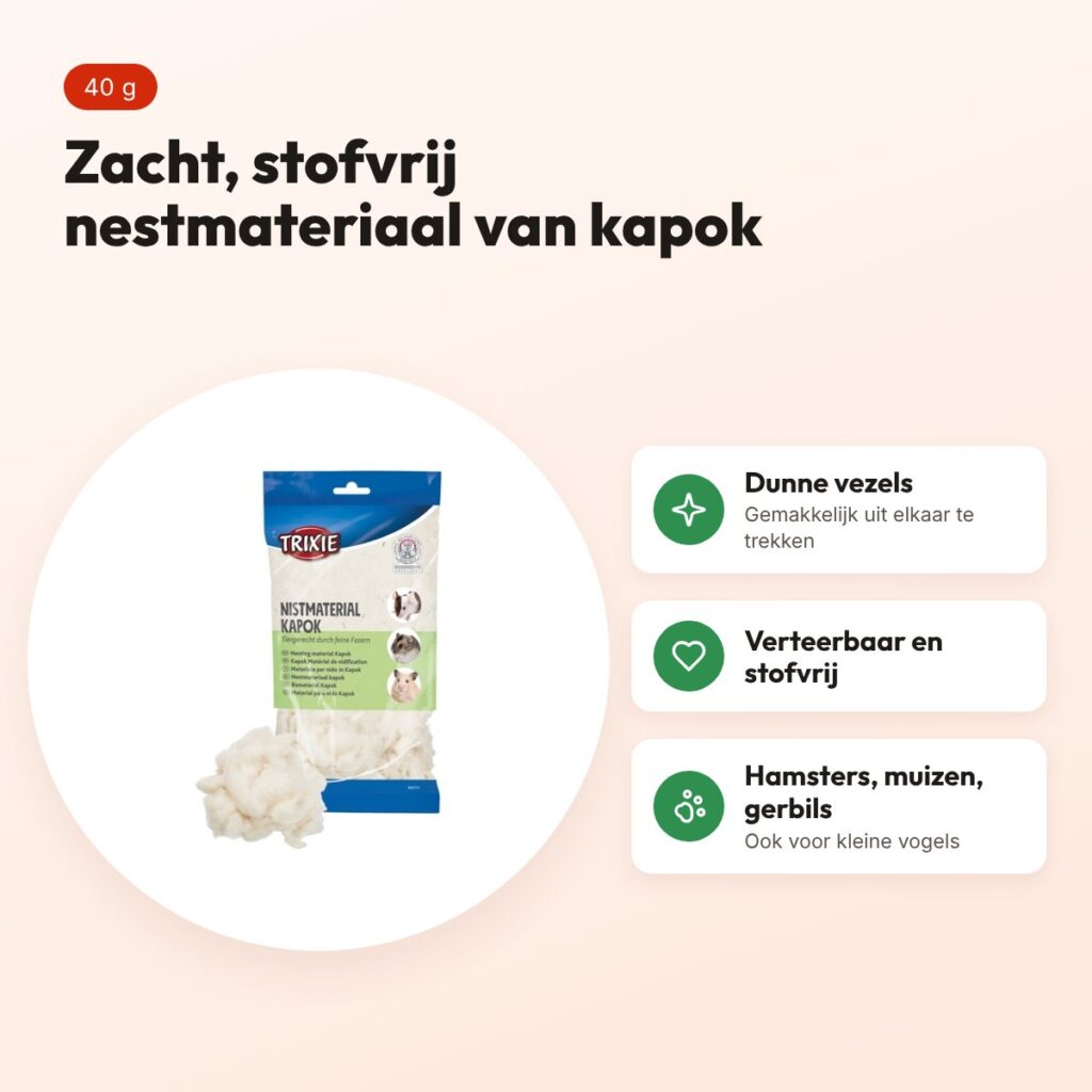 Trixie nestmateriaal kapok 40 g – zacht, verteerbaar en stofvrij – voordelen