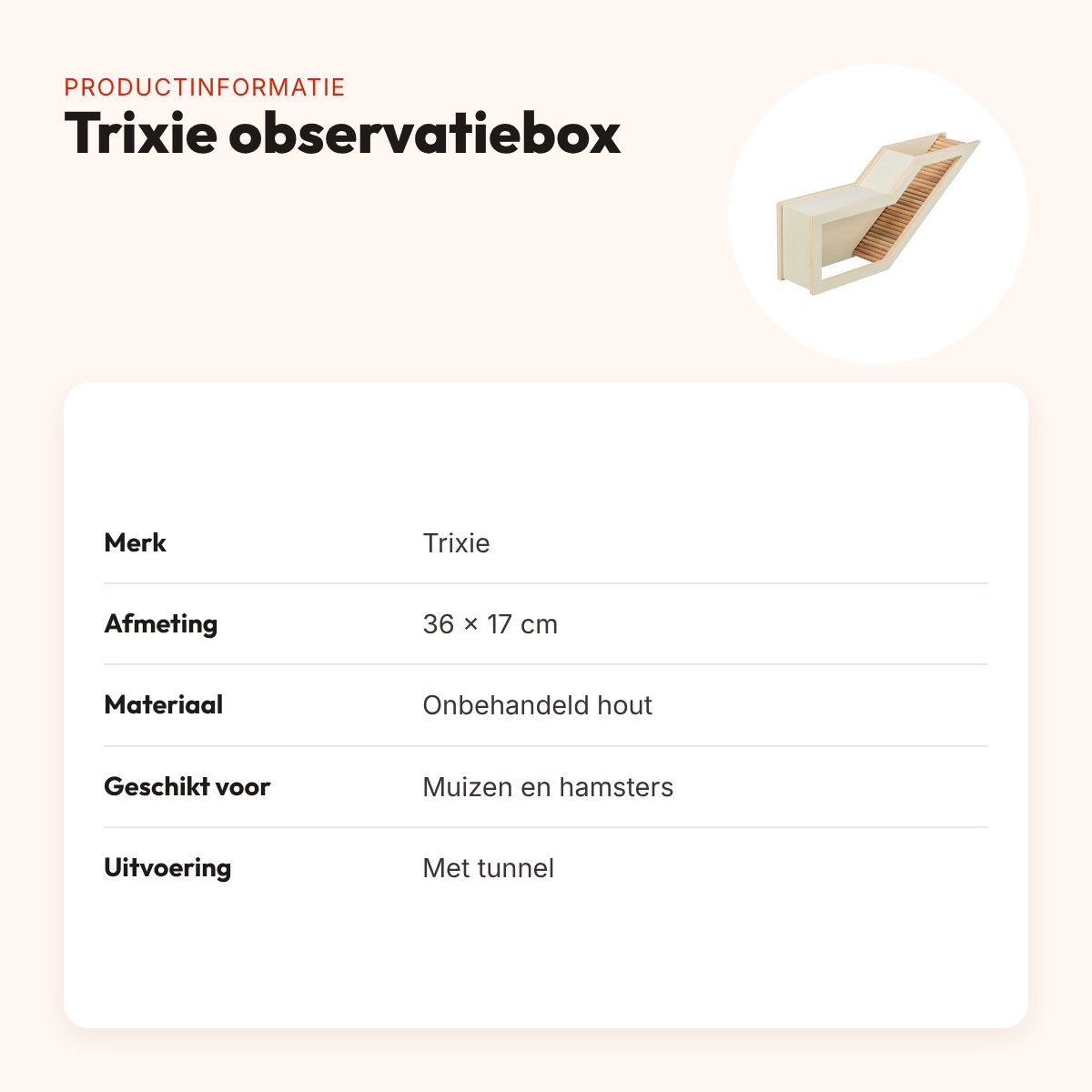 Trixie observatiebox 36 x 17 cm – onbehandeld hout, voor muizen en hamsters – productinformatie