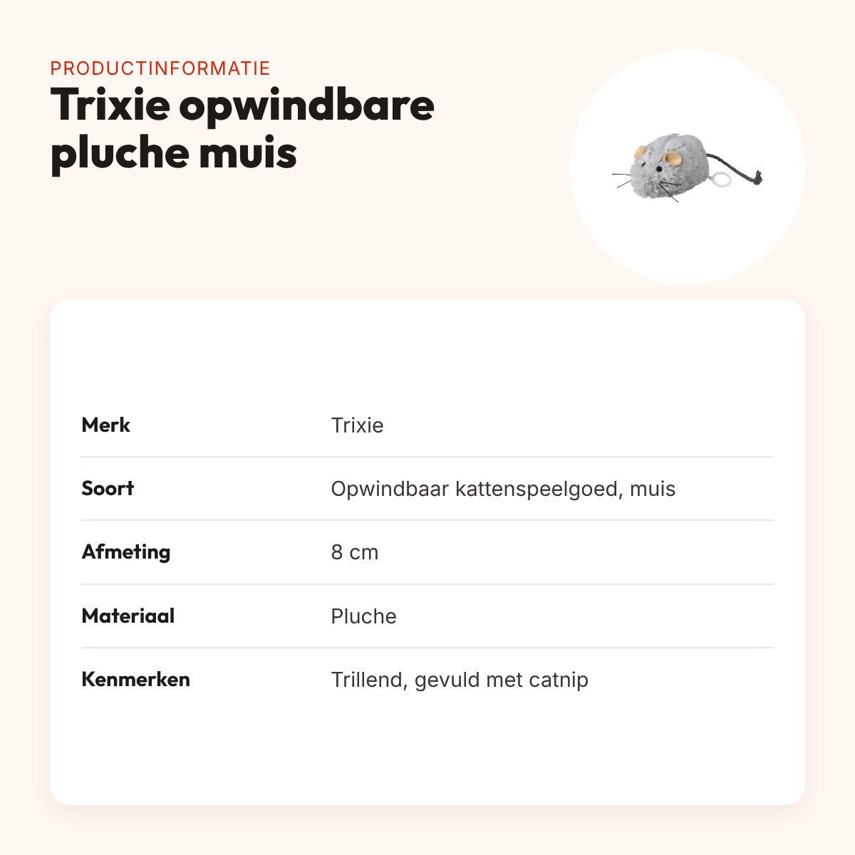 Trixie opwindbare pluche muis met catnip 8 cm – trillend kattenspeelgoed – productinformatie