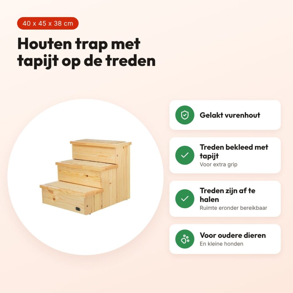 Trixie Petstair trap vurenhout 40 x 45 x 38 cm – met tapijt, hond en kat – voordelen
