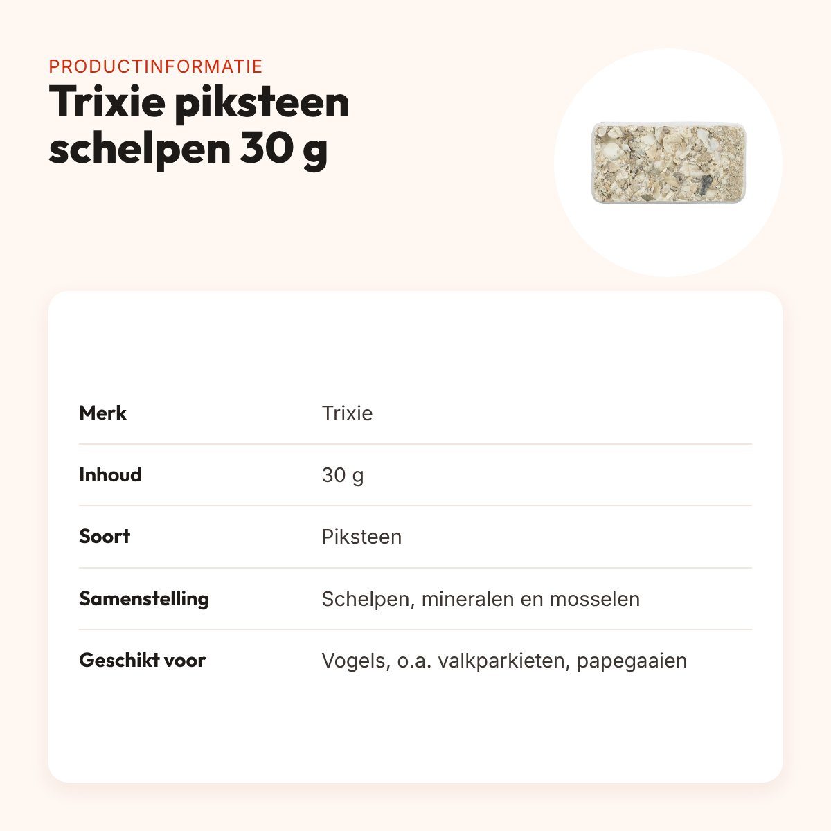 Trixie piksteen met schelpen, mineralen en mosselen 30 g – voor vogels – productinformatie