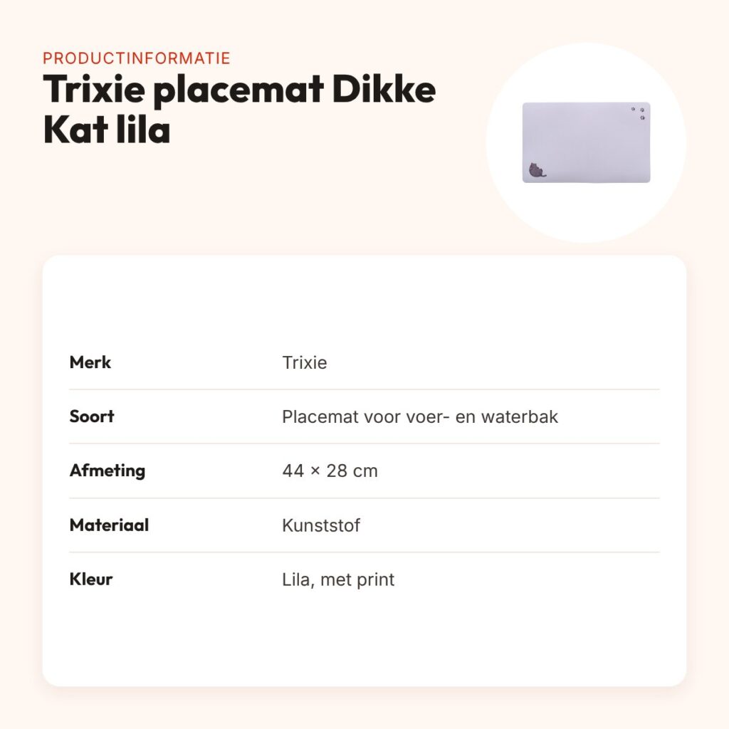 Trixie placemat Dikke Kat lila 44 x 28 cm – slipvast, met print – productinformatie