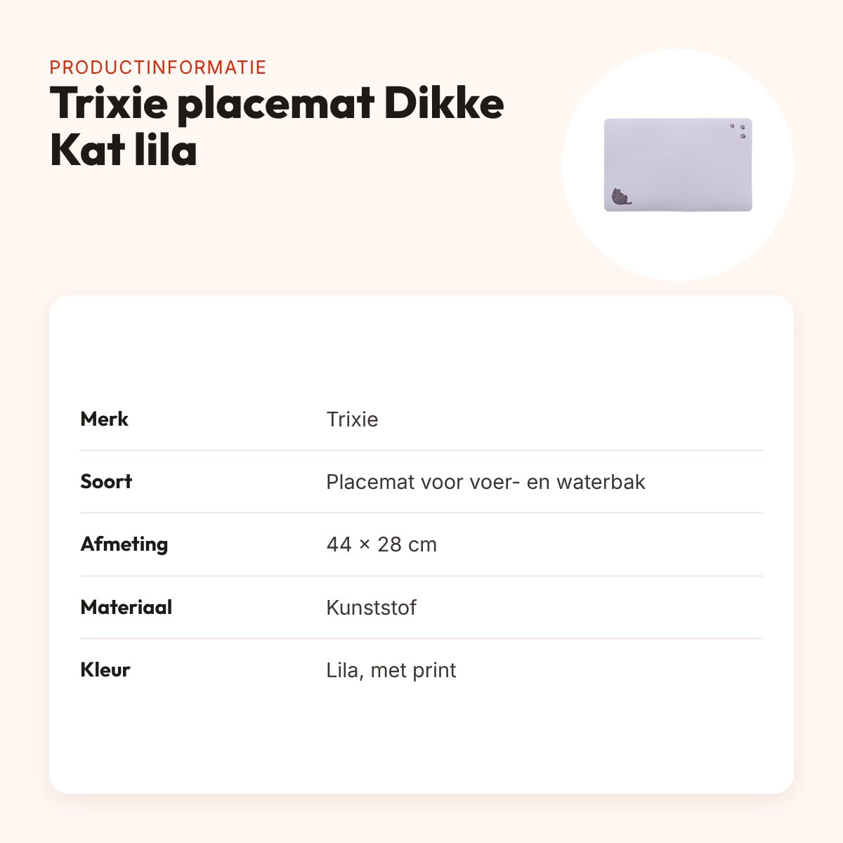 Trixie placemat Dikke Kat lila 44 x 28 cm – slipvast, met print – productinformatie