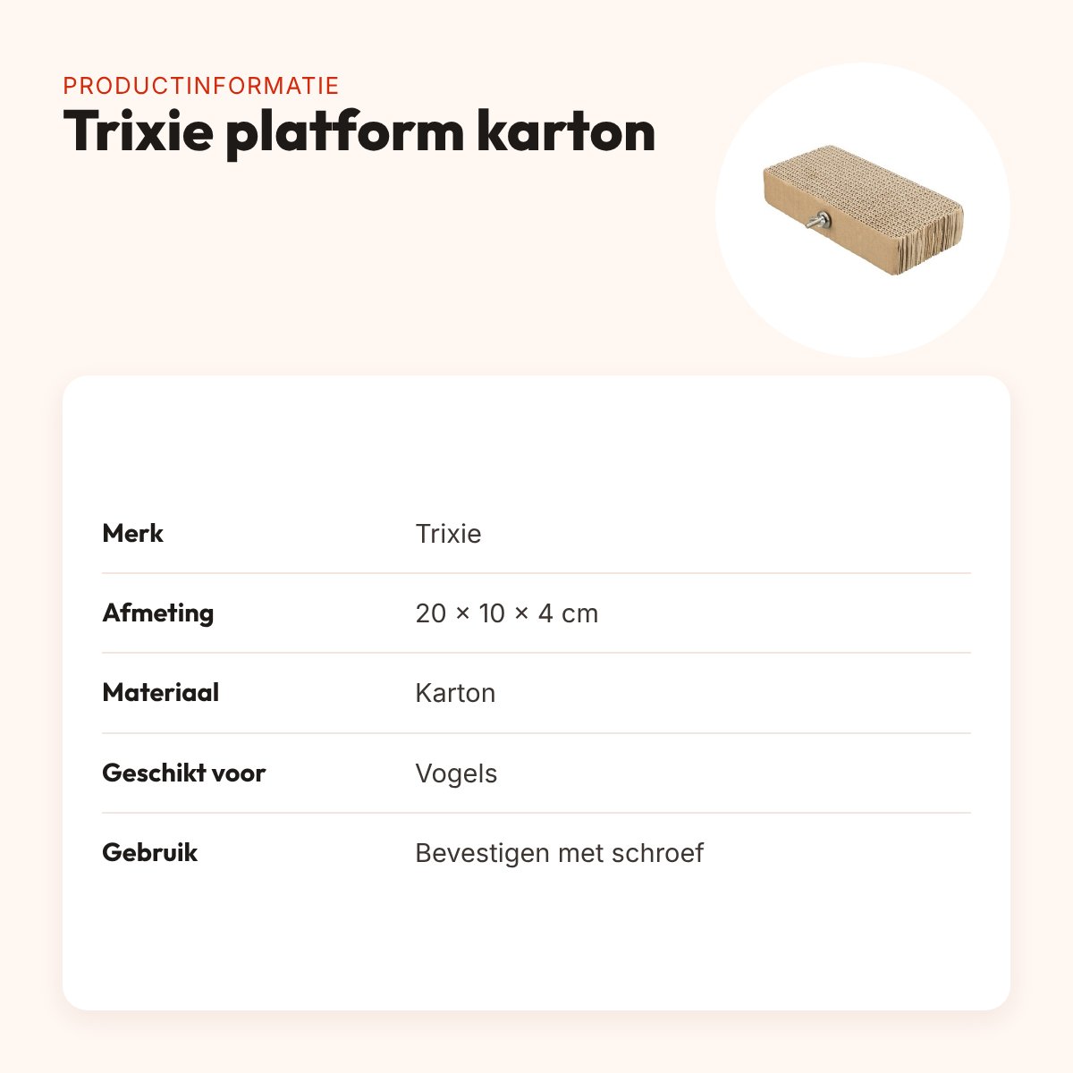 Trixie platform karton 20 x 10 x 4 cm – met schroefbevestiging, vogels – productinformatie