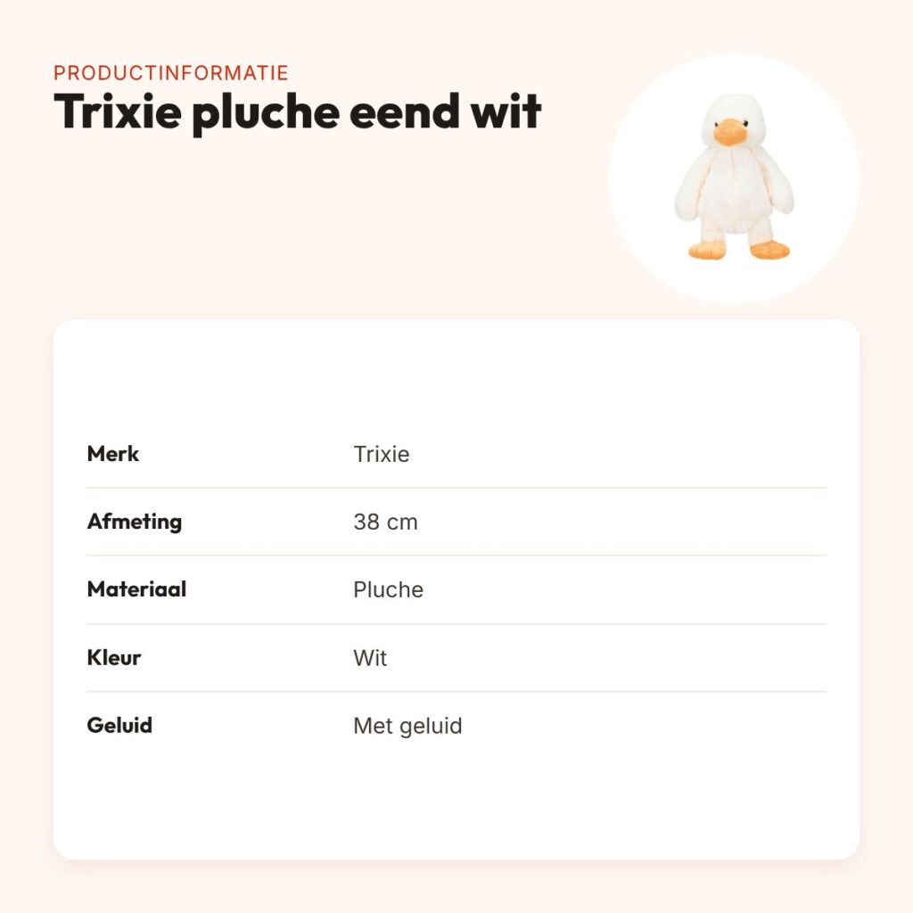 Trixie pluche eend wit 38 cm – lange nek, met geluid – productinformatie