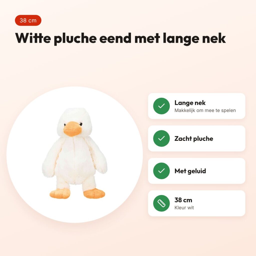 Trixie pluche eend wit 38 cm – lange nek, met geluid – voordelen