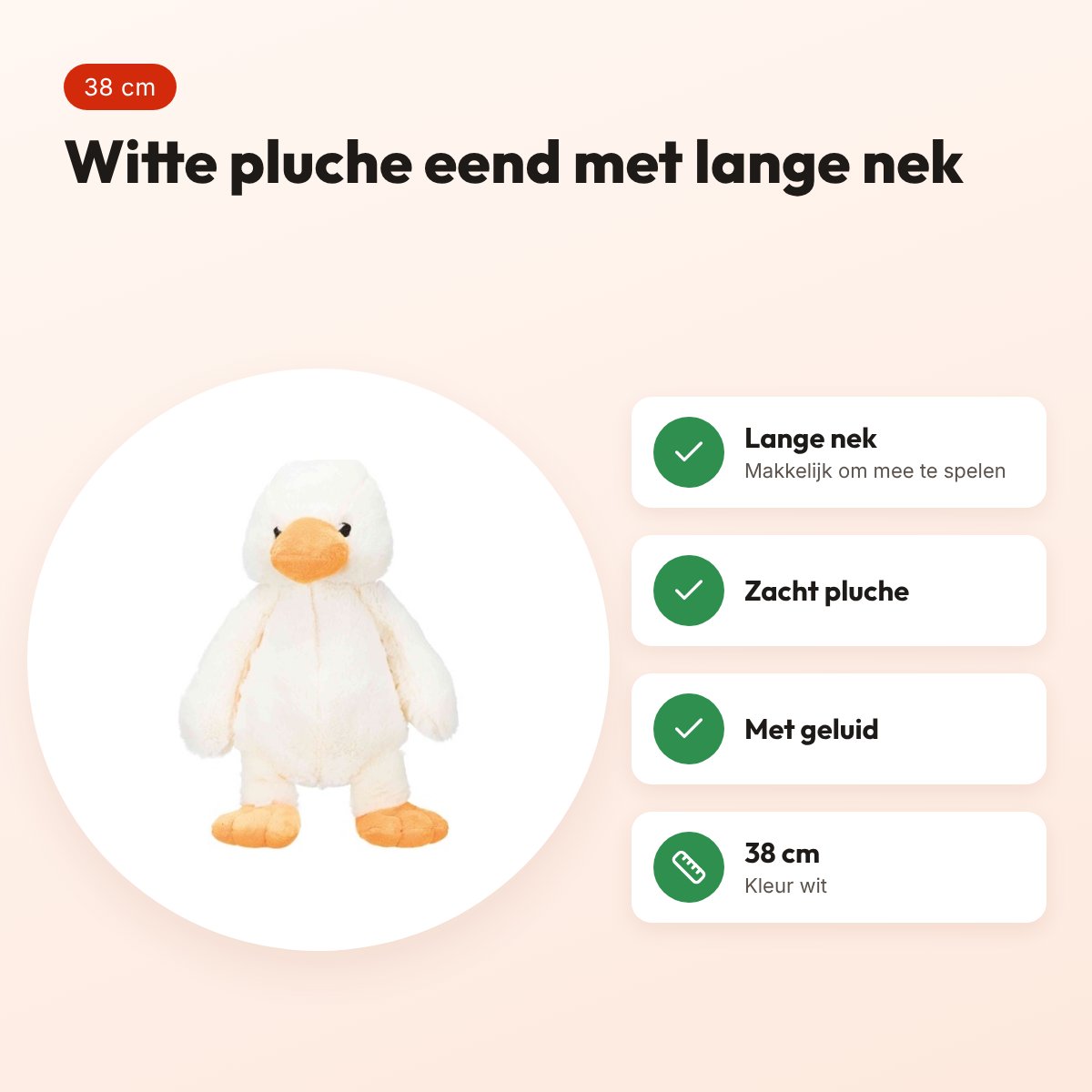 Trixie pluche eend wit 38 cm – lange nek, met geluid – voordelen