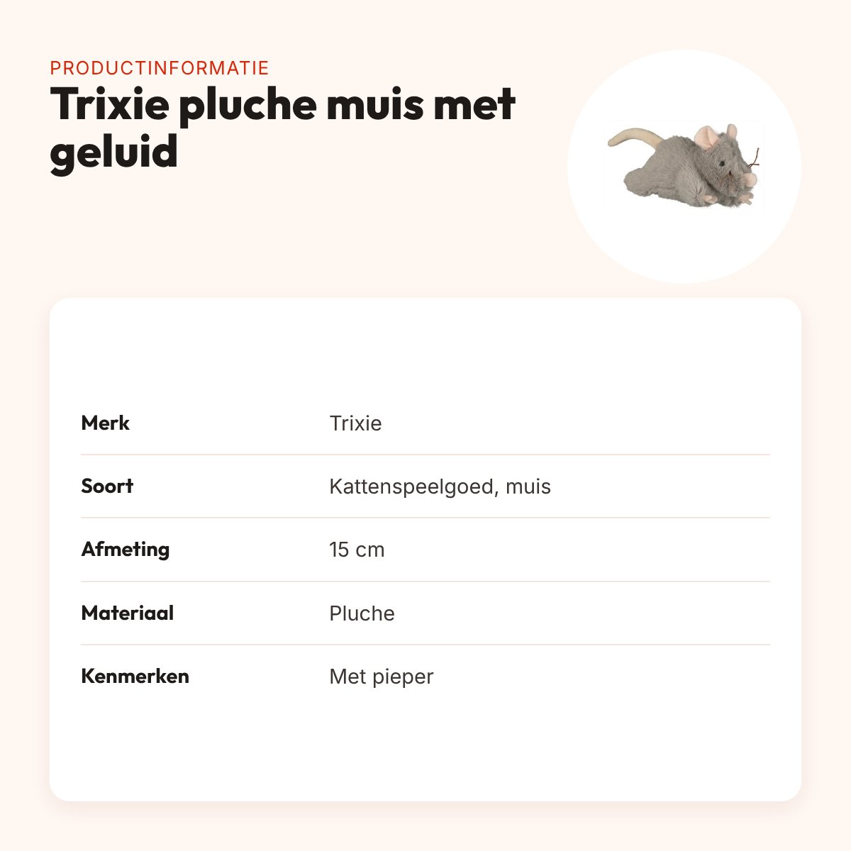 Trixie pluche muis met geluid 15 cm – met pieper – productinformatie