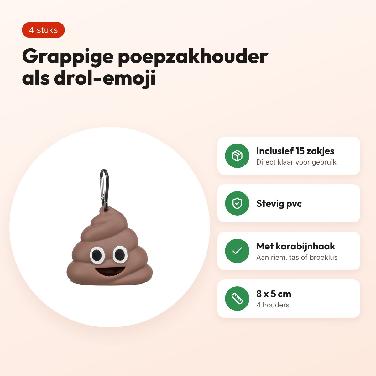 Trixie poepzakhouder drol-emoji bruin 8 x 5 cm met 15 zakjes, 4 stuks – voordelen