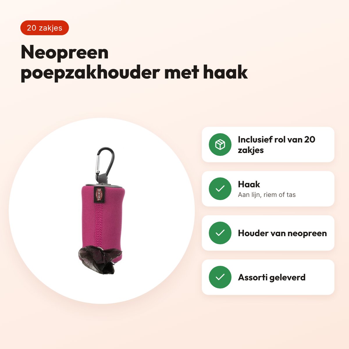 Trixie poepzakhouder neopreen met 20 zakjes – assorti, met haak – voordelen