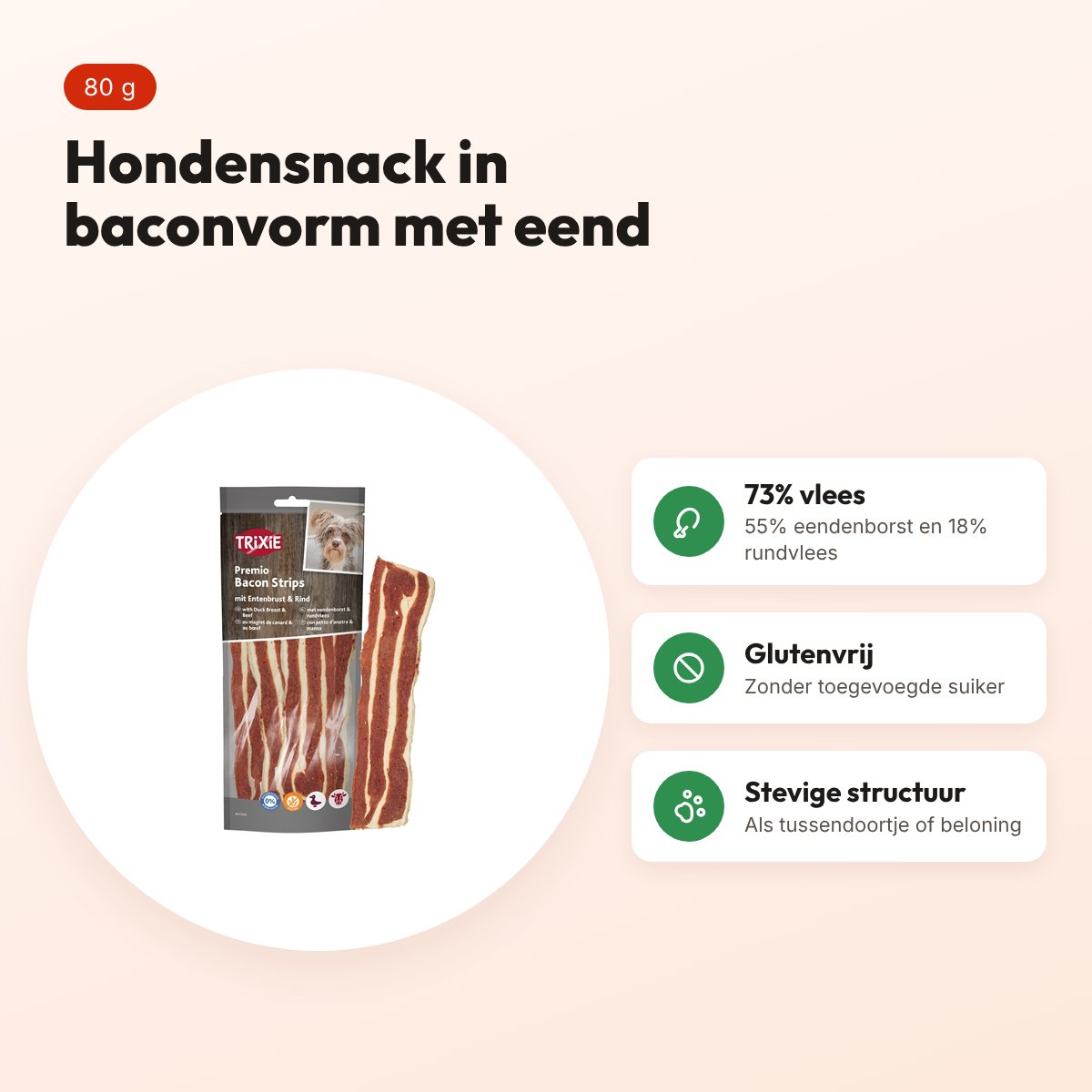Trixie Premio Bacon Strips met eendenborst en rundvlees 80 g – hondensnack – voordelen