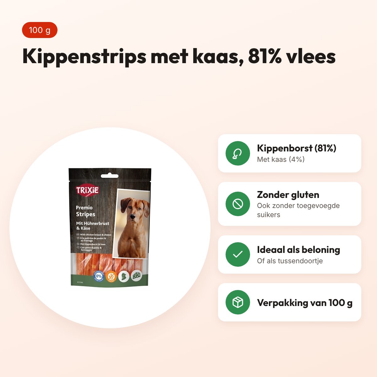 Trixie Premio Cheese Chicken Stripes 100 g – kip en kaas – voordelen