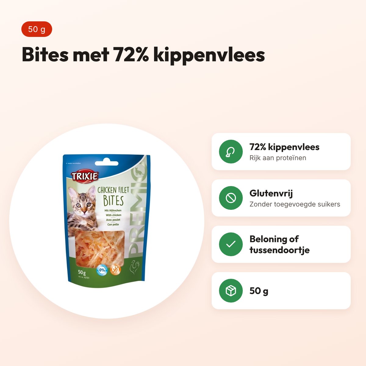 Trixie Premio Chickenfilet Bites 50 g – kattensnack, glutenvrij – voordelen