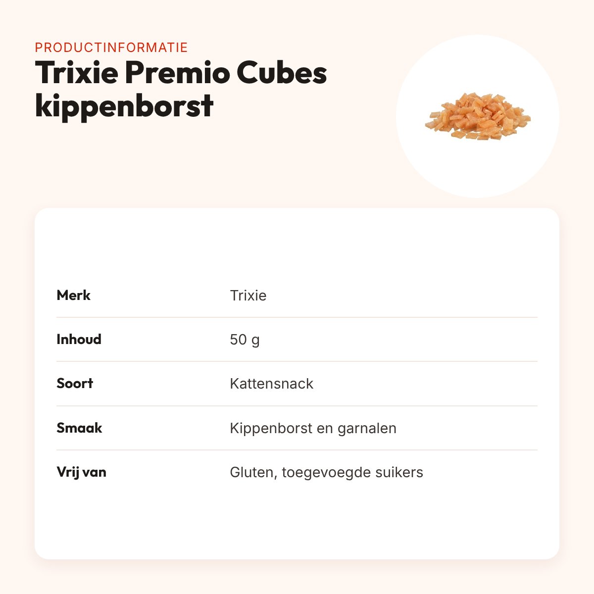 Trixie Premio Cubes kippenborst en garnalen 50 g – zachte kattensnack – productinformatie