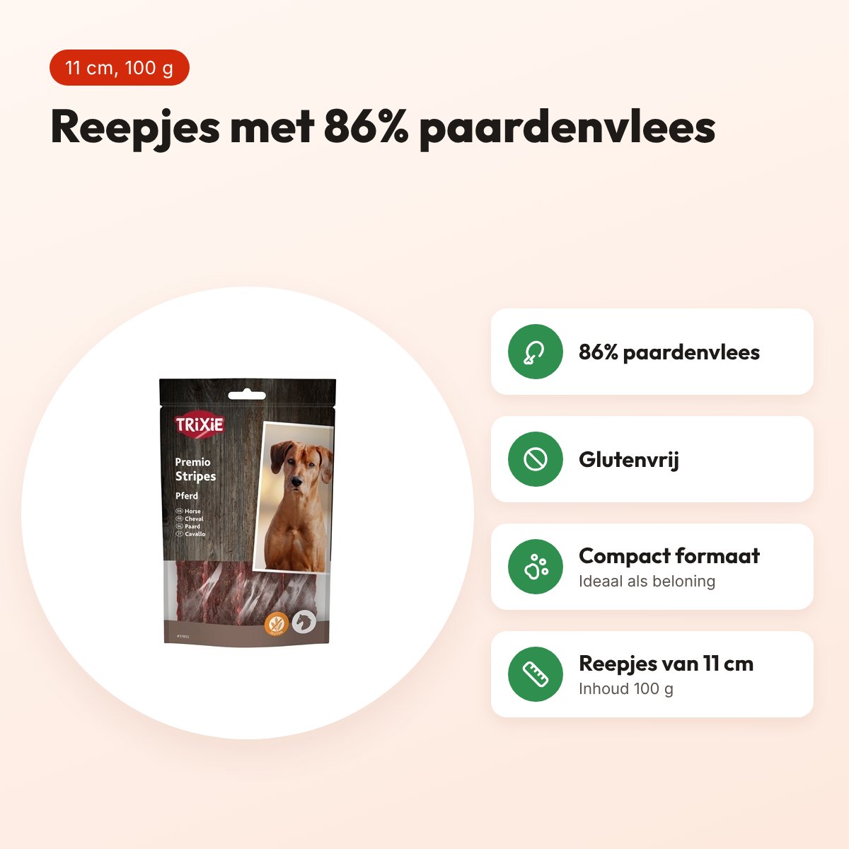 Trixie Premio Horse Stripes 11 cm – hondensnack paardenvlees, 100 g – voordelen
