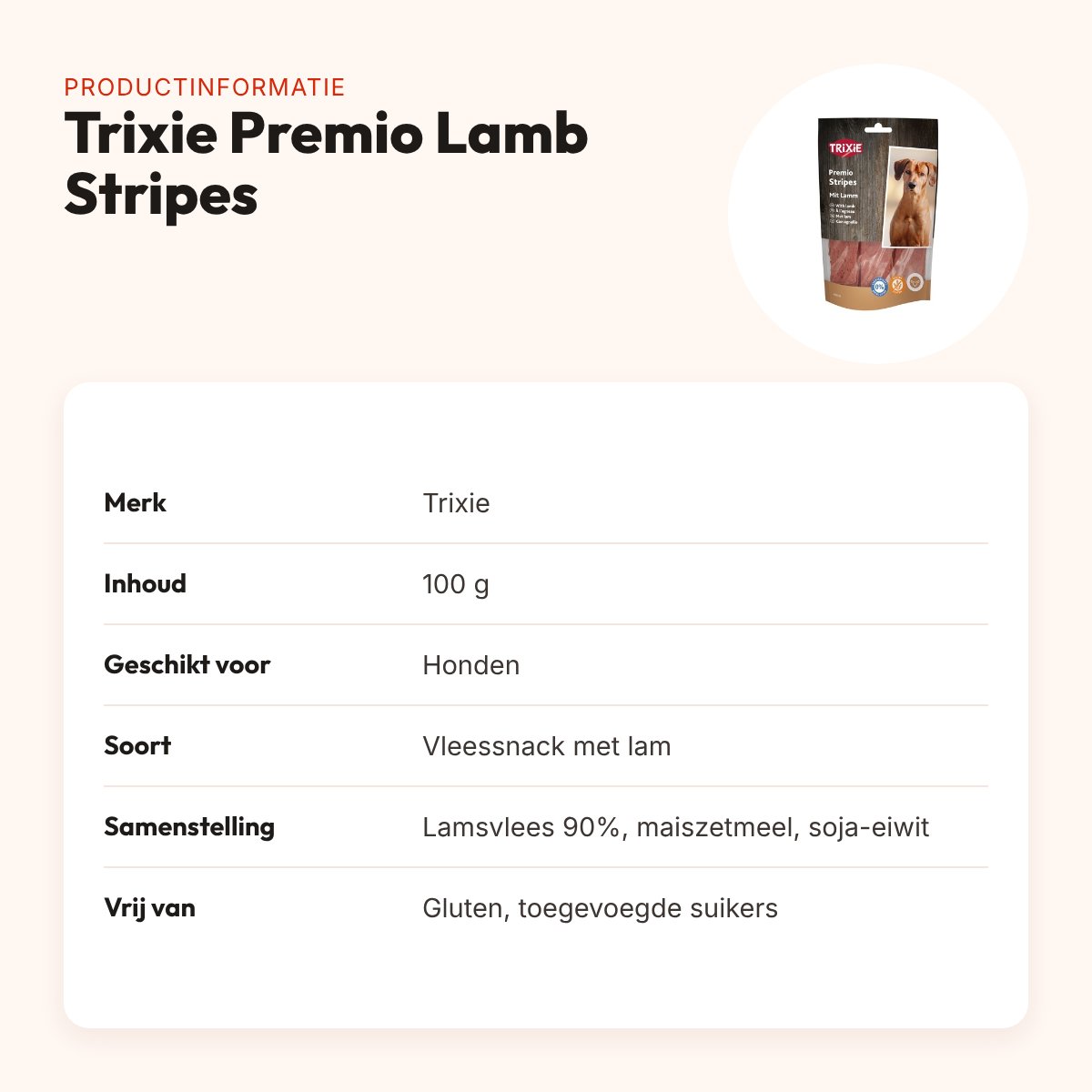 Trixie Premio Lamb Stripes 100 g – 90% lamsvlees, glutenvrij – productinformatie