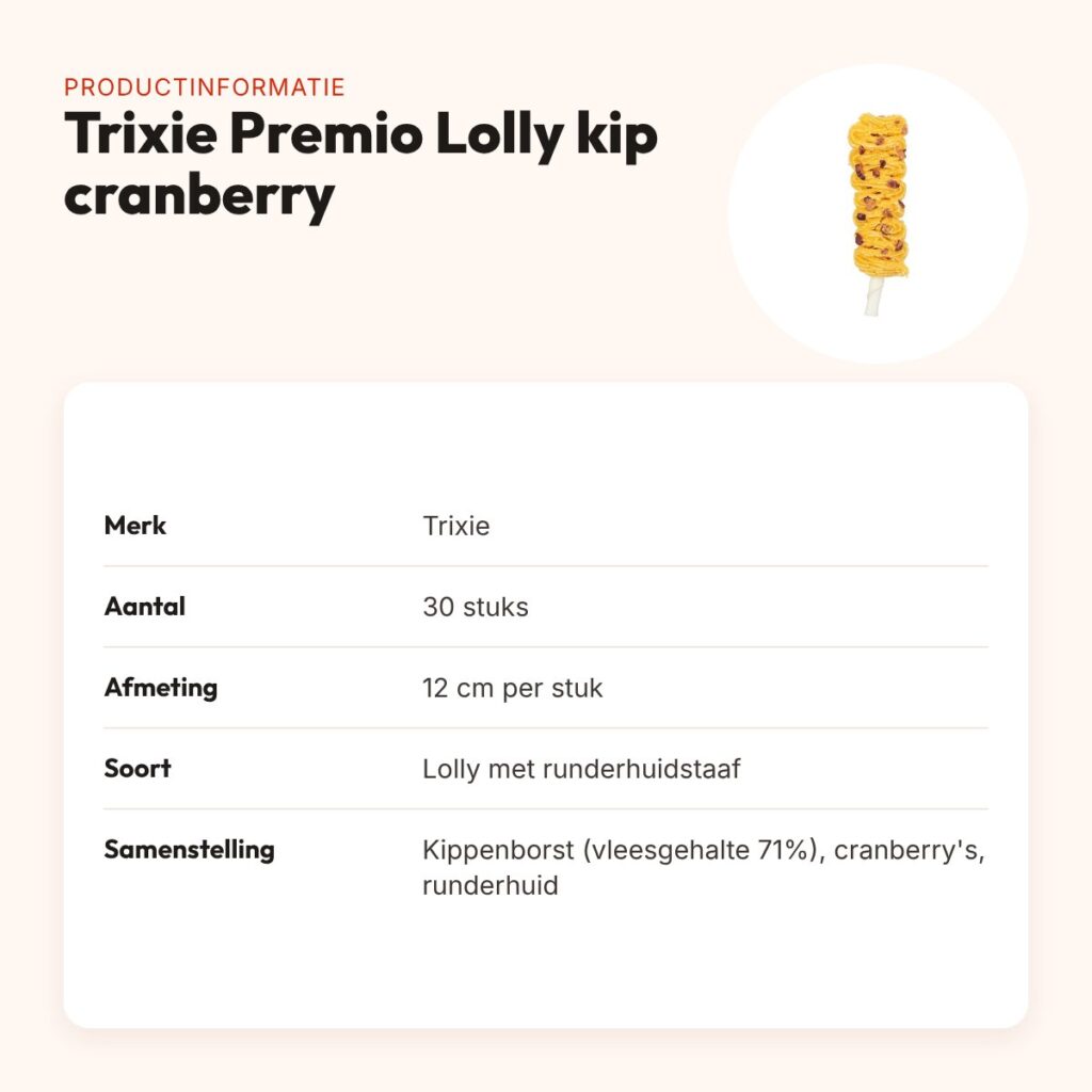 Trixie Premio Lolly kippenborst en cranberry 12 cm – 30 stuks – productinformatie