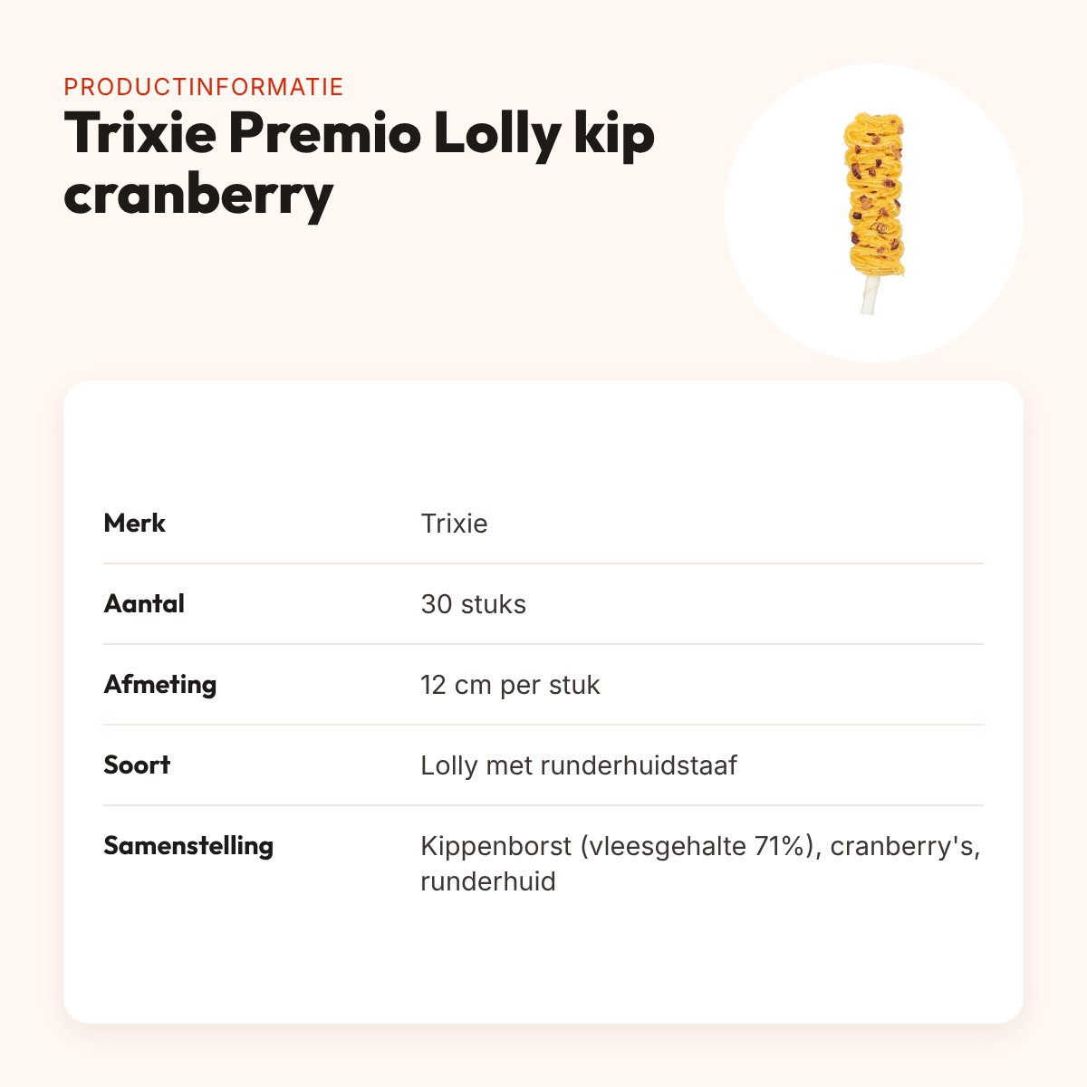 Trixie Premio Lolly kippenborst en cranberry 12 cm – 30 stuks – productinformatie