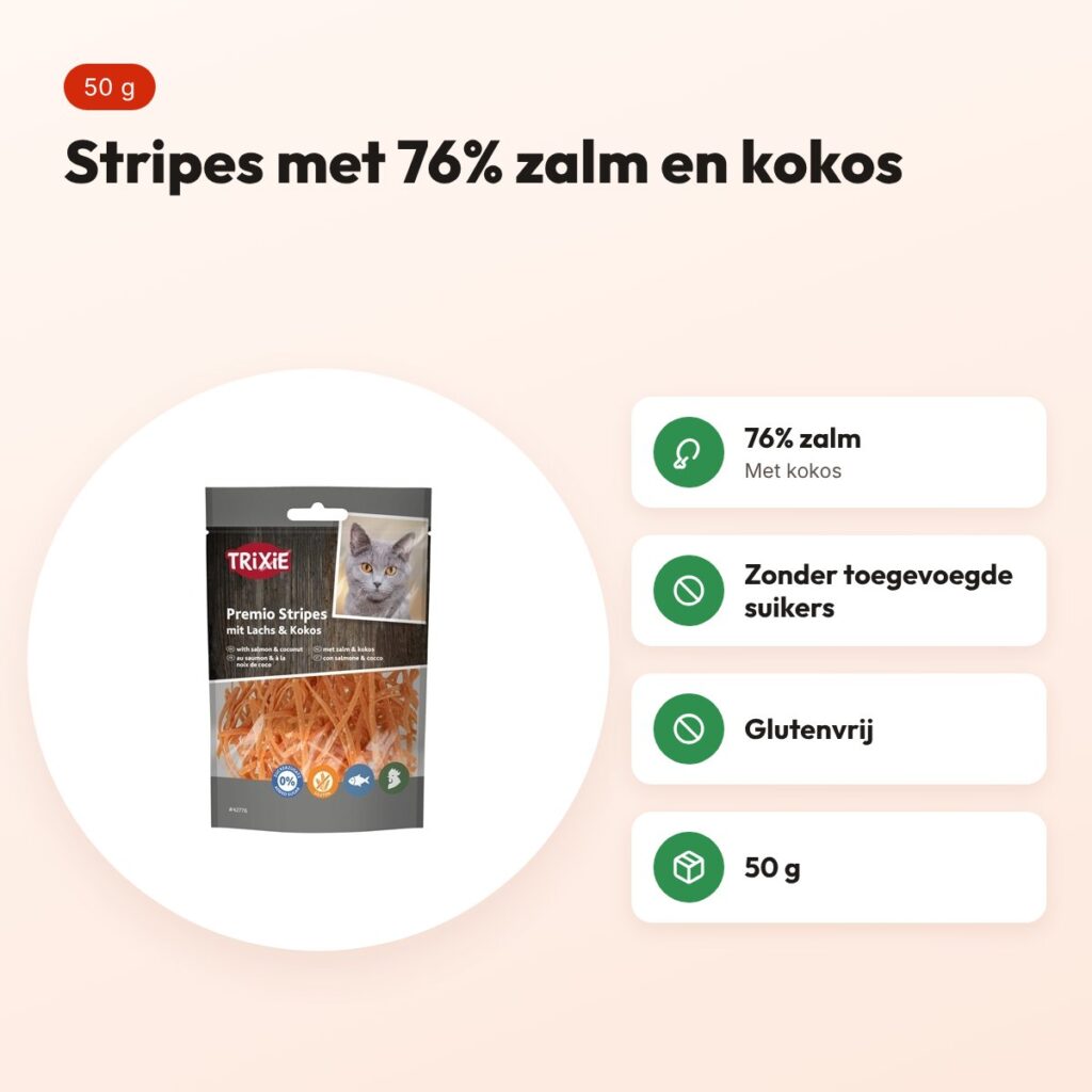 Trixie Premio Stripes zalm en kokos 50 g – kattensnack – voordelen