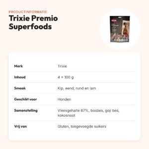 Trixie Premio Superfoods hondensnacks kip, eend, rund en lam – 4 x 100 g – productinformatie