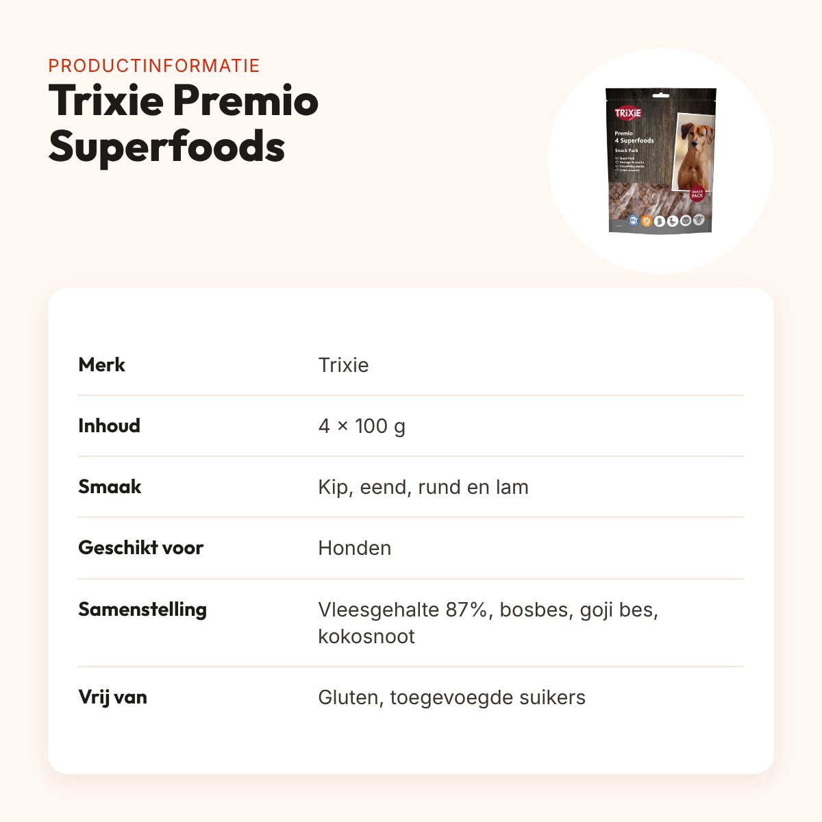Trixie Premio Superfoods hondensnacks kip, eend, rund en lam – 4 x 100 g – productinformatie
