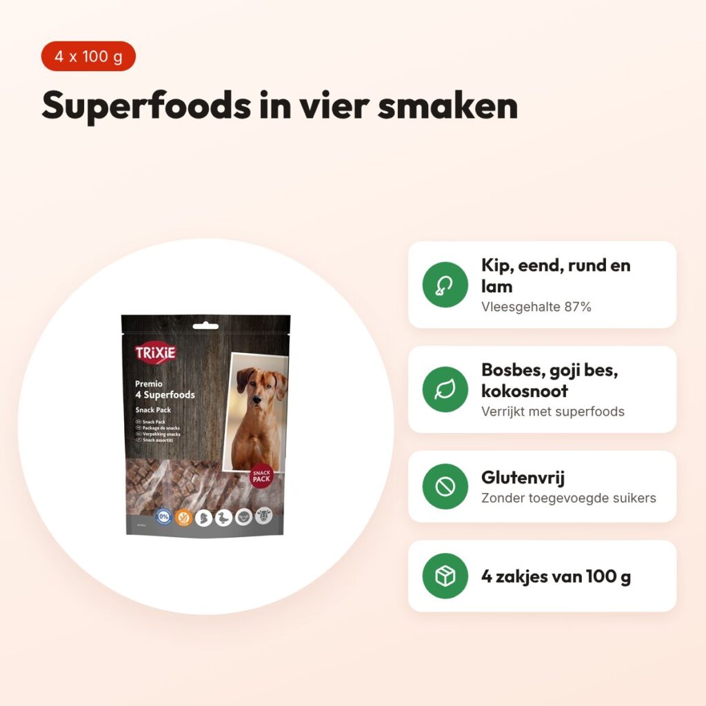 Trixie Premio Superfoods hondensnacks kip, eend, rund en lam – 4 x 100 g – voordelen