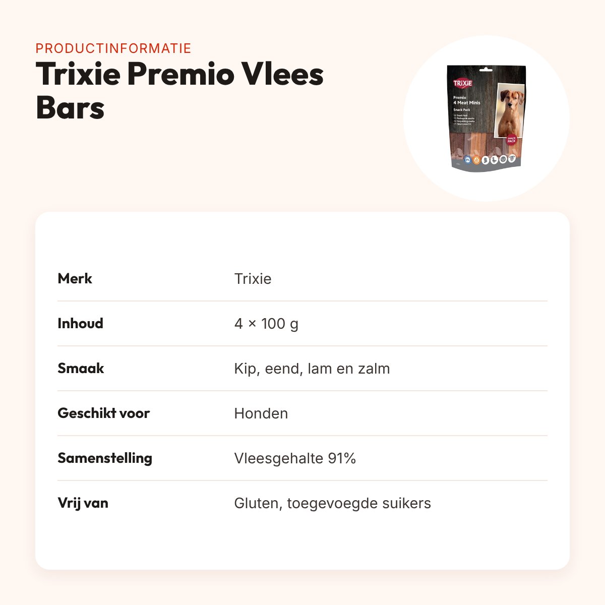 Trixie Premio Vlees Bars hondensnacks kip, eend, lam en zalm – 4 x 100 g – productinformatie