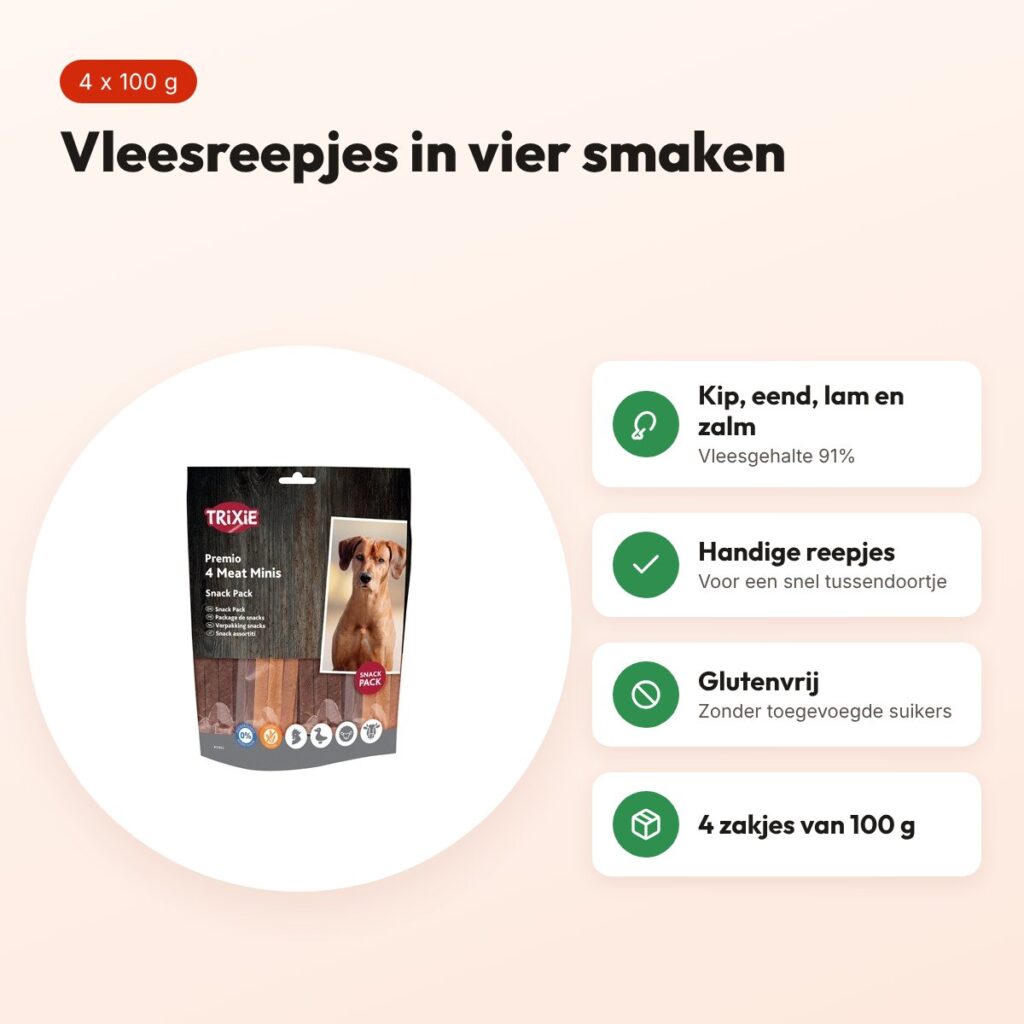 Trixie Premio Vlees Bars hondensnacks kip, eend, lam en zalm – 4 x 100 g – voordelen