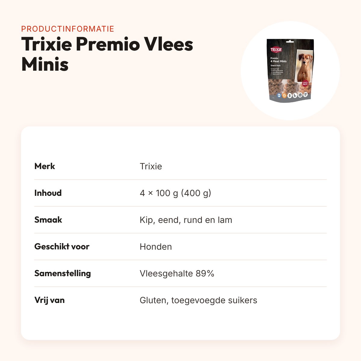 Trixie Premio Vlees Minis hondensnoepjes kip, eend, rund en lam – 4 x 100 g – productinformatie