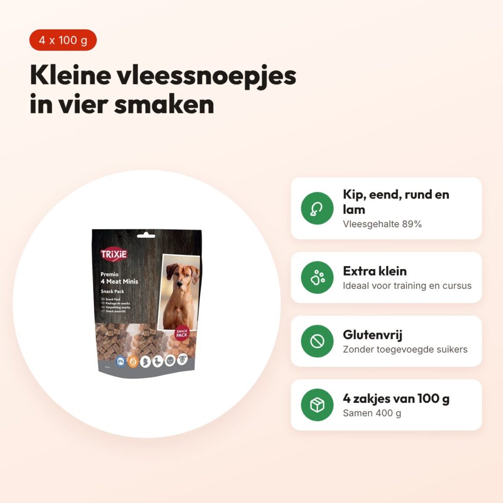 Trixie Premio Vlees Minis hondensnoepjes kip, eend, rund en lam – 4 x 100 g – voordelen