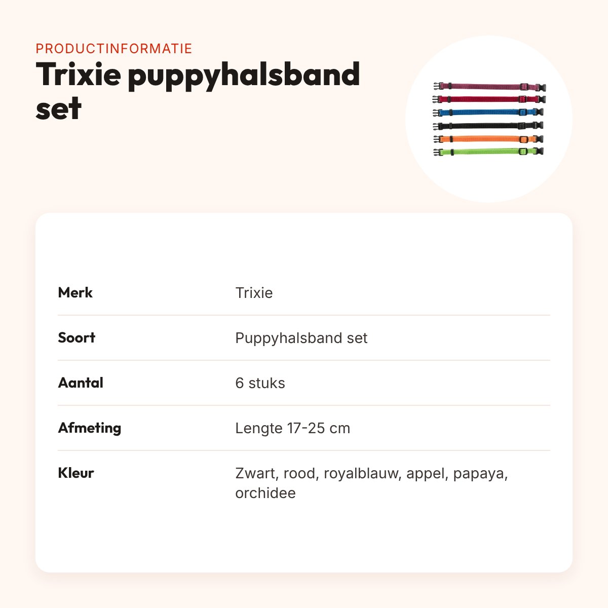 Trixie puppyhalsband set 17-25 cm M-L – 6 stuks, zwart/rood/royalblauw – productinformatie