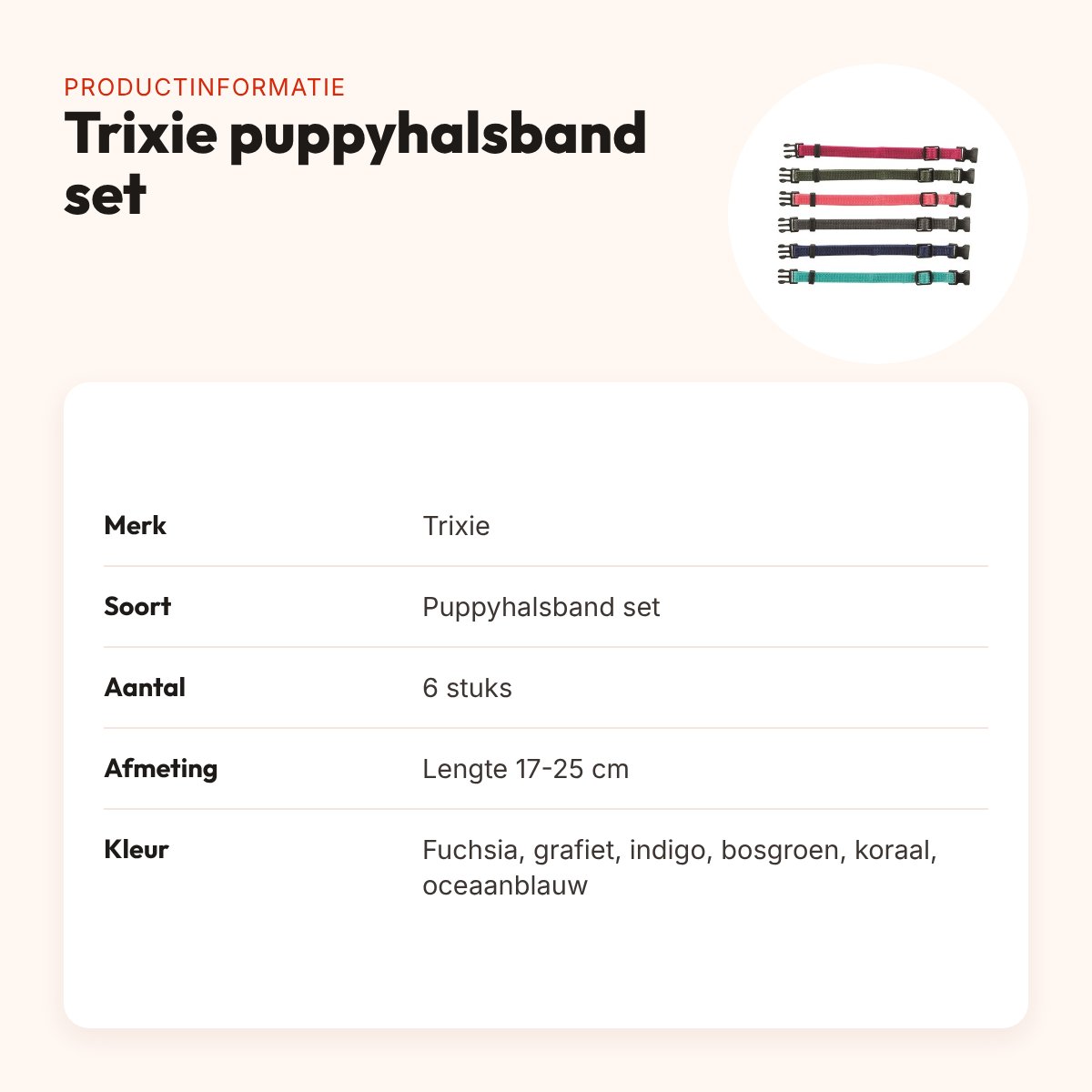 Trixie puppyhalsband set 17-25 cm S-M – 6 stuks, fuchsia/grafiet/indigo – productinformatie