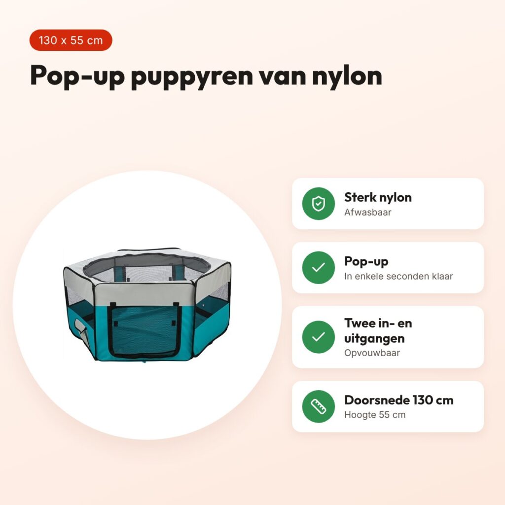 Trixie puppyren pop-up turquoise 130 x 55 cm – nylon, twee ingangen – voordelen