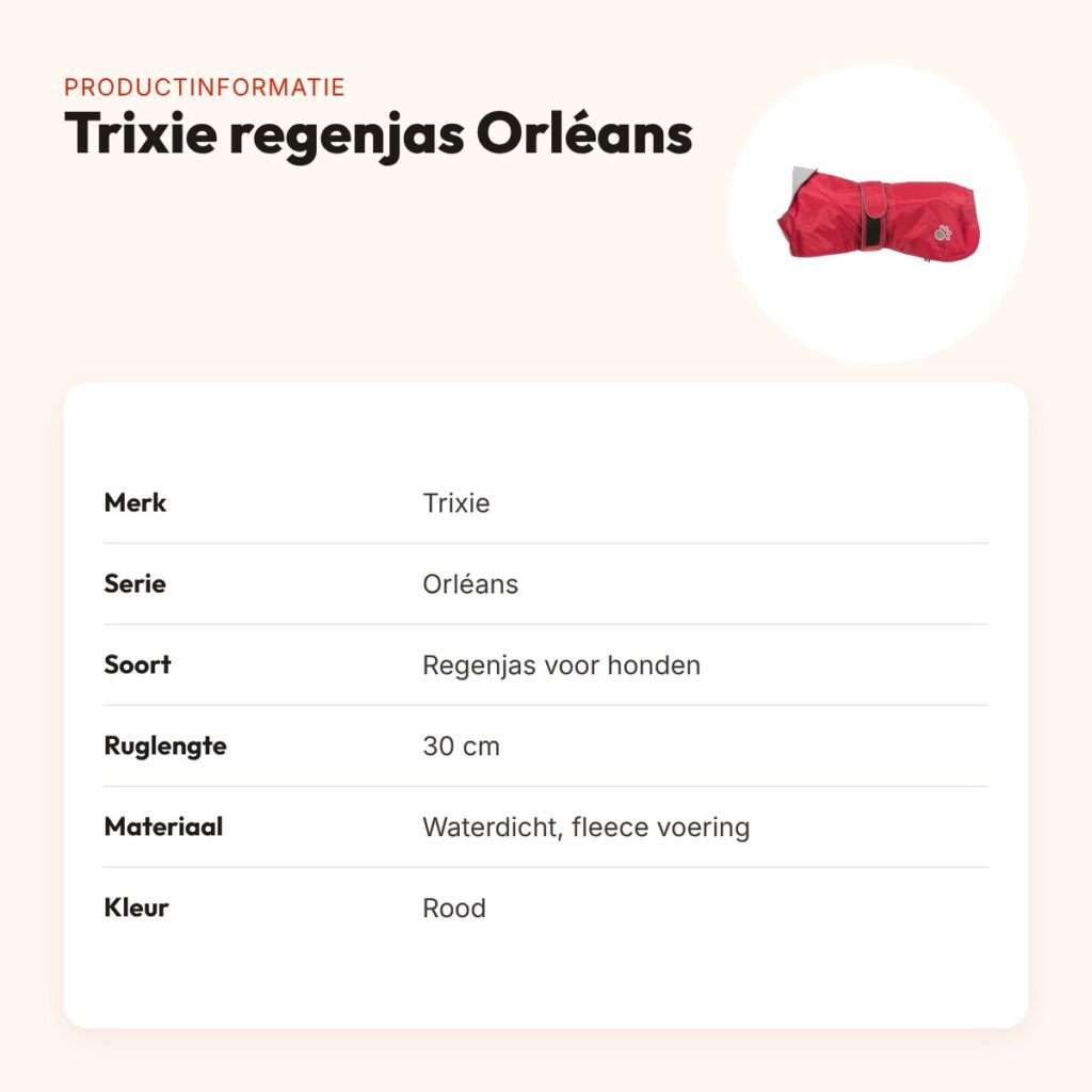 Trixie regenjas hond Orléans rood 30 cm – waterdicht, fleece voering – productinformatie