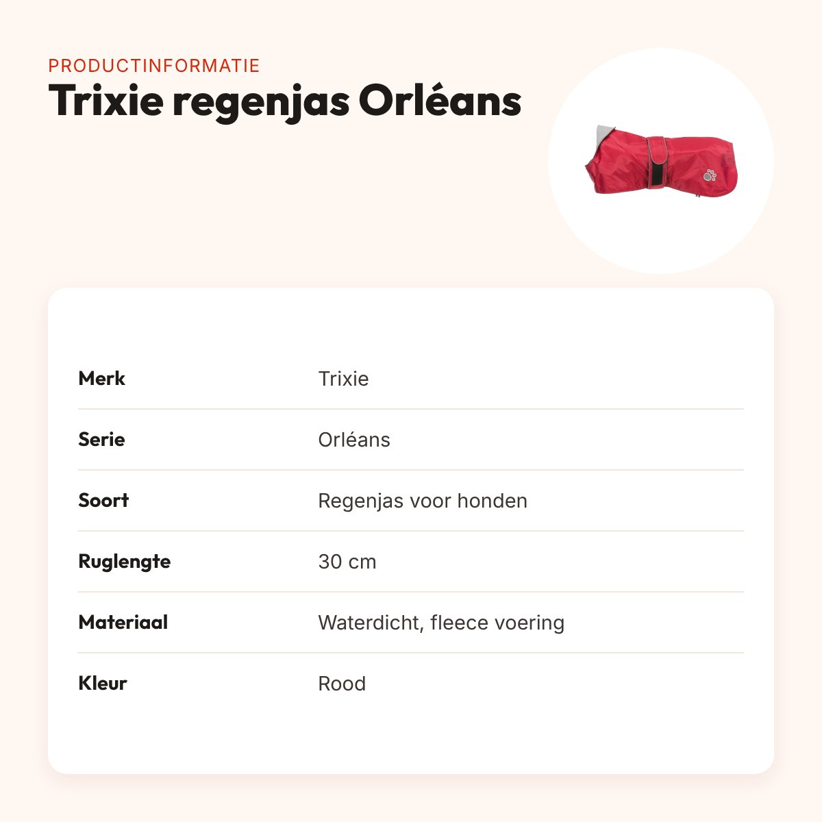 Trixie regenjas hond Orléans rood 30 cm – waterdicht, fleece voering – productinformatie