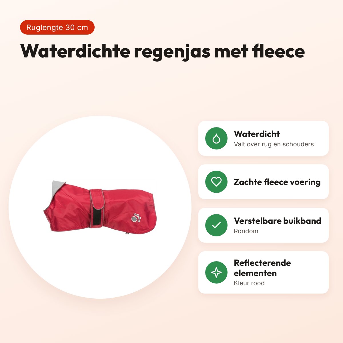 Trixie regenjas hond Orléans rood 30 cm – waterdicht, fleece voering – voordelen