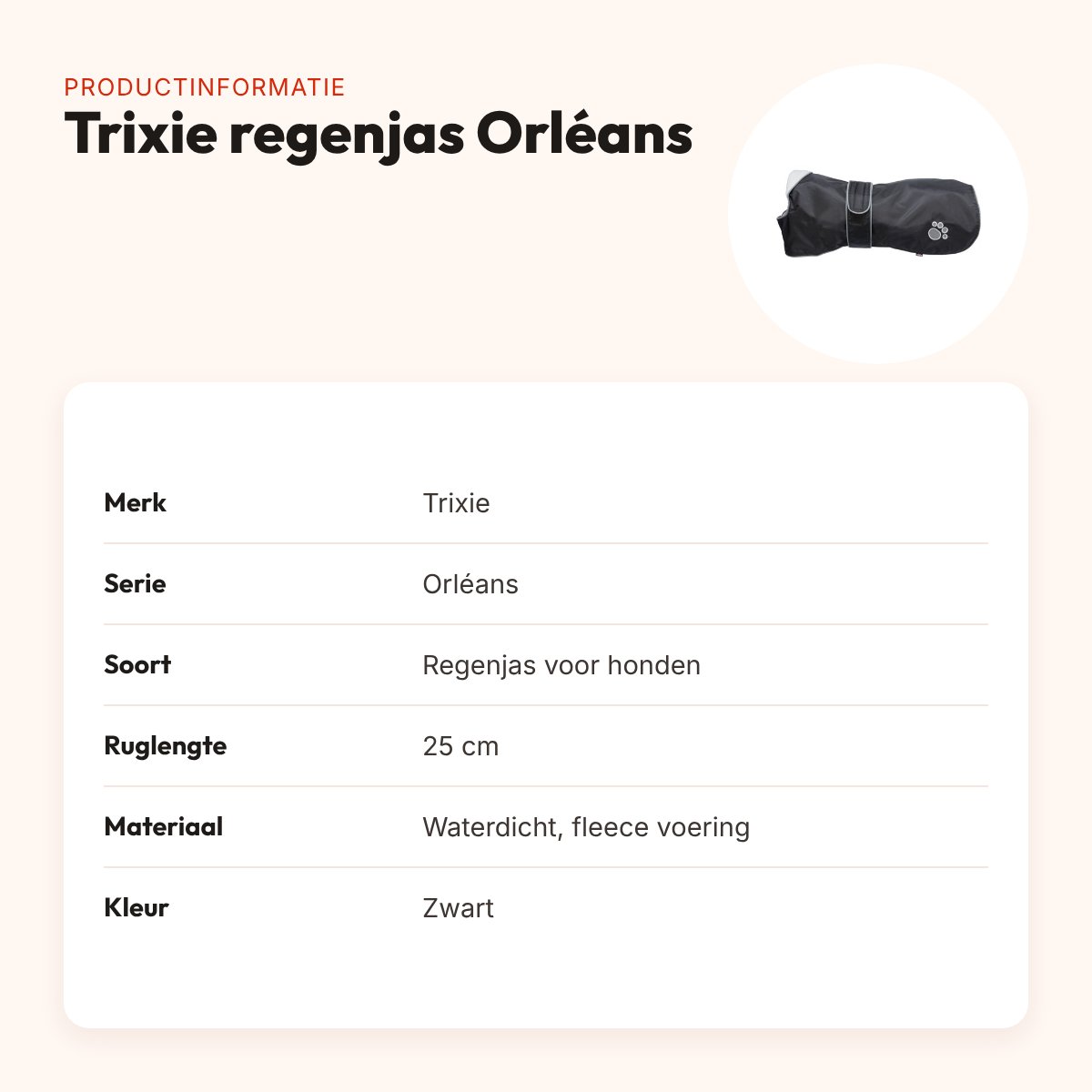 Trixie regenjas hond Orléans zwart 25 cm – waterdicht, fleece voering – productinformatie