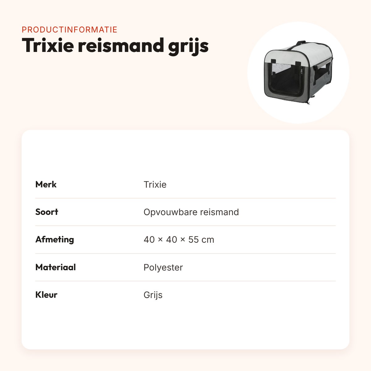 Trixie reismand grijs 40 x 40 x 55 cm – opvouwbare, lichtgewicht bench – productinformatie