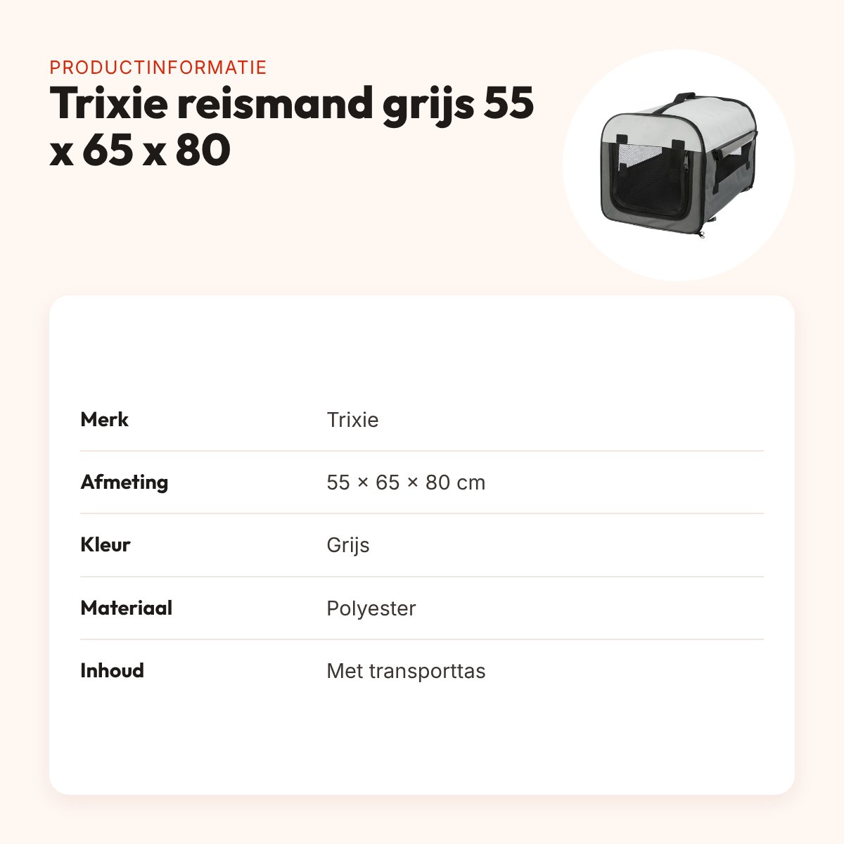 Trixie reismand grijs 55 x 65 x 80 cm – opvouwbaar, met transporttas – productinformatie