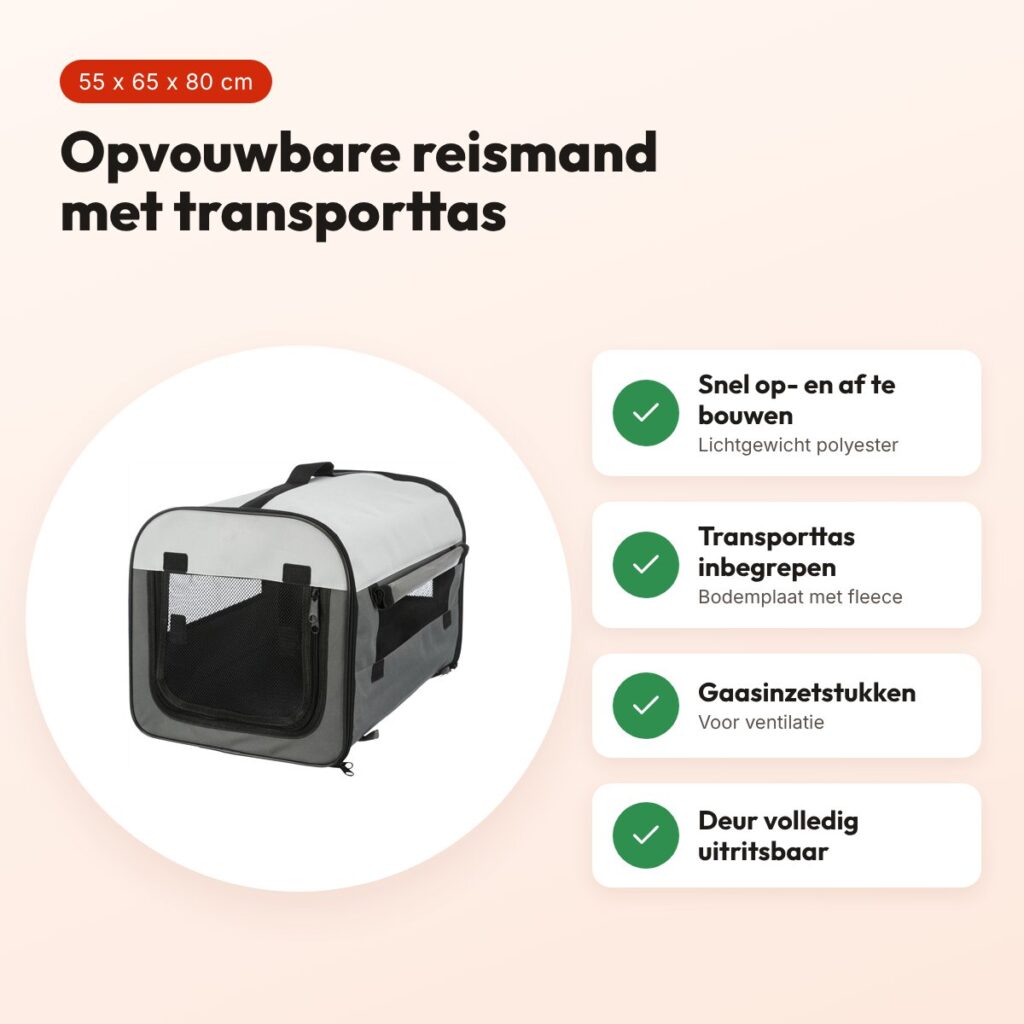 Trixie reismand grijs 55 x 65 x 80 cm – opvouwbaar, met transporttas – voordelen
