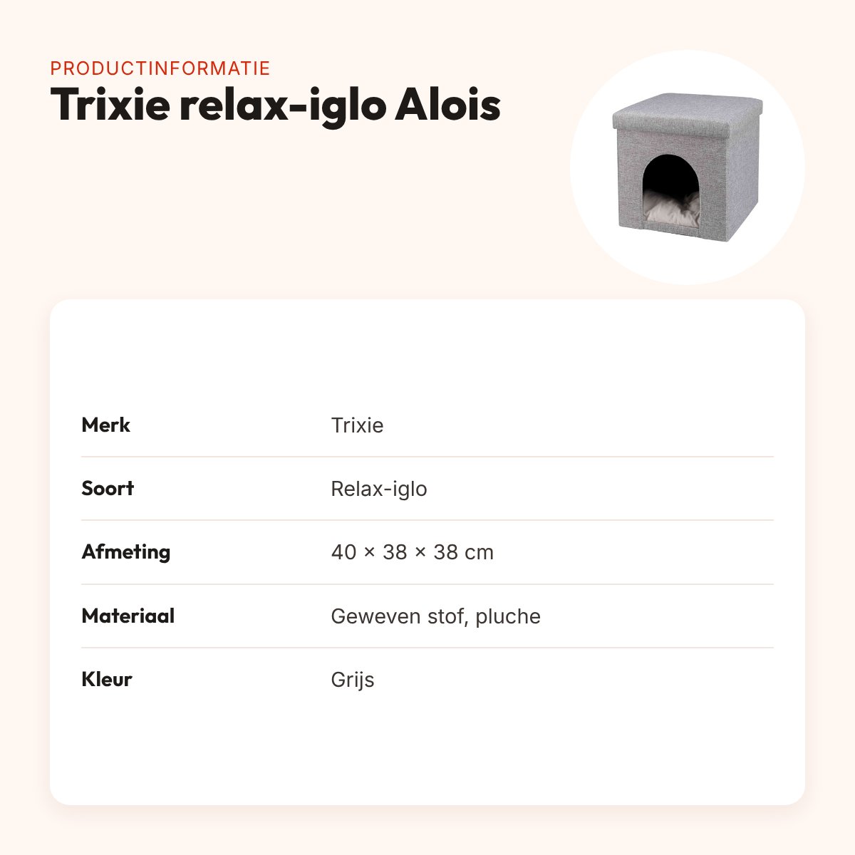 Trixie relax-iglo Alois grijs 40 x 38 x 38 cm – kattenmand met opbergvak – productinformatie
