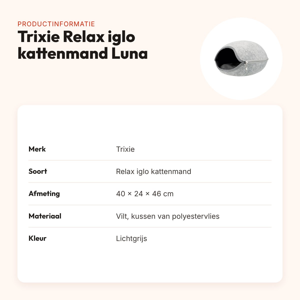 Trixie Relax iglo kattenmand Luna lichtgrijs 40 x 24 x 46 cm – vilt – productinformatie